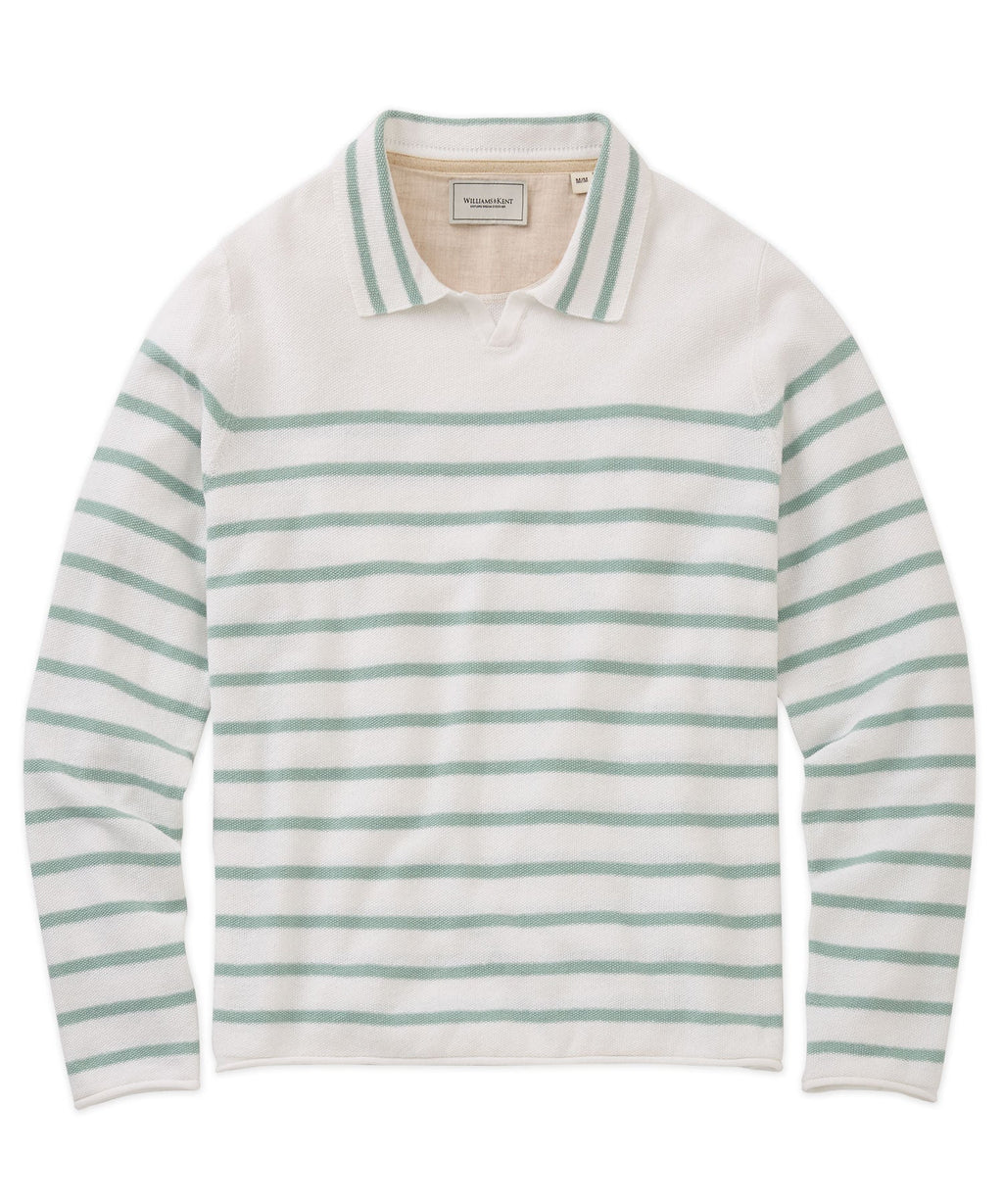 Linen-Cotton Striped V-Neck Polo Sweater